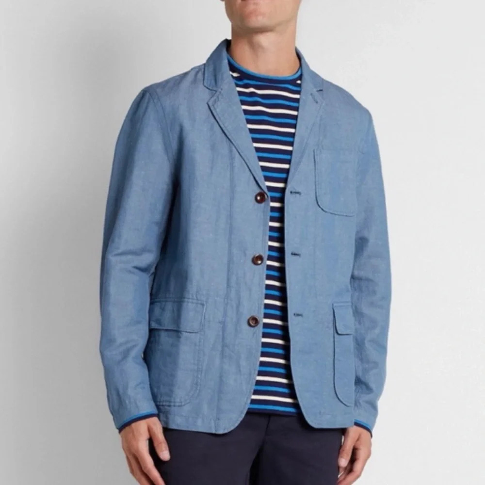 ALEX MILL Unstructured Linen Blend Chambray Blazer Jacket Blue Resort Casual XL